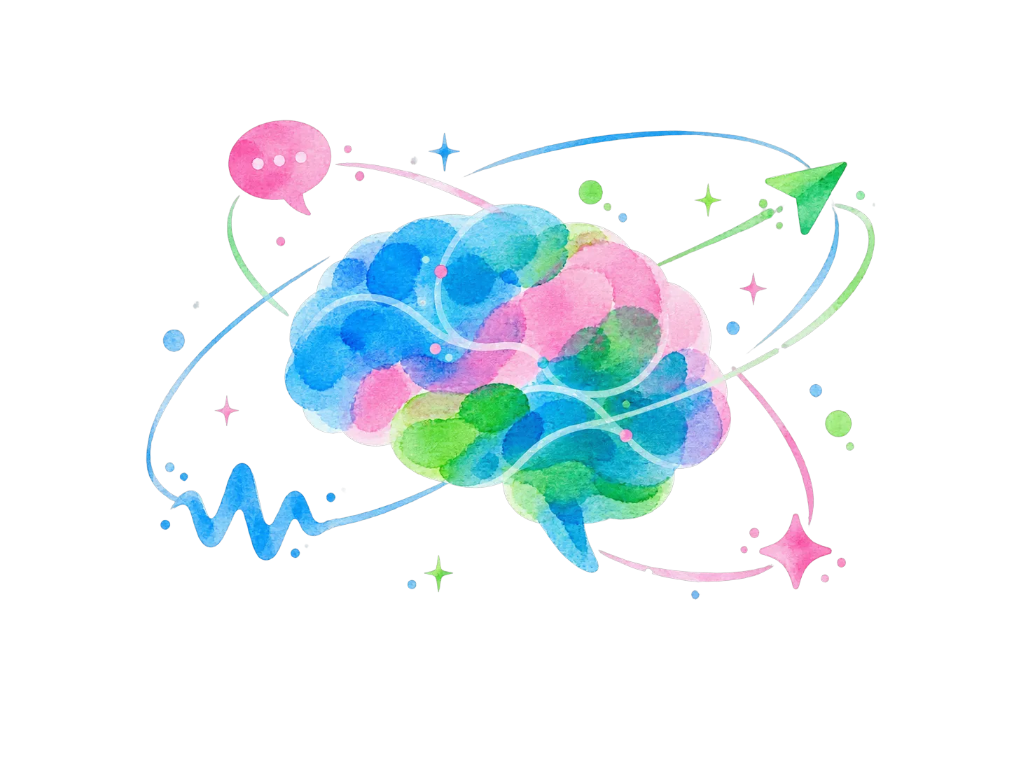 脳のかたちのまわりを、吹き出し・矢印・星・波形が軌道を描いて巡っているイラスト