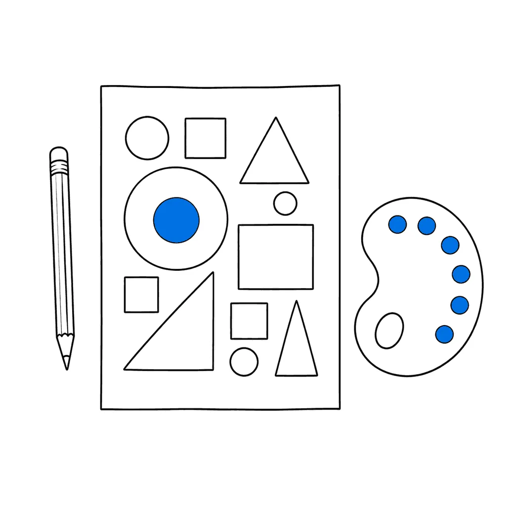レイアウト案を描いた紙と、鉛筆と絵の具のパレットを並べた線画