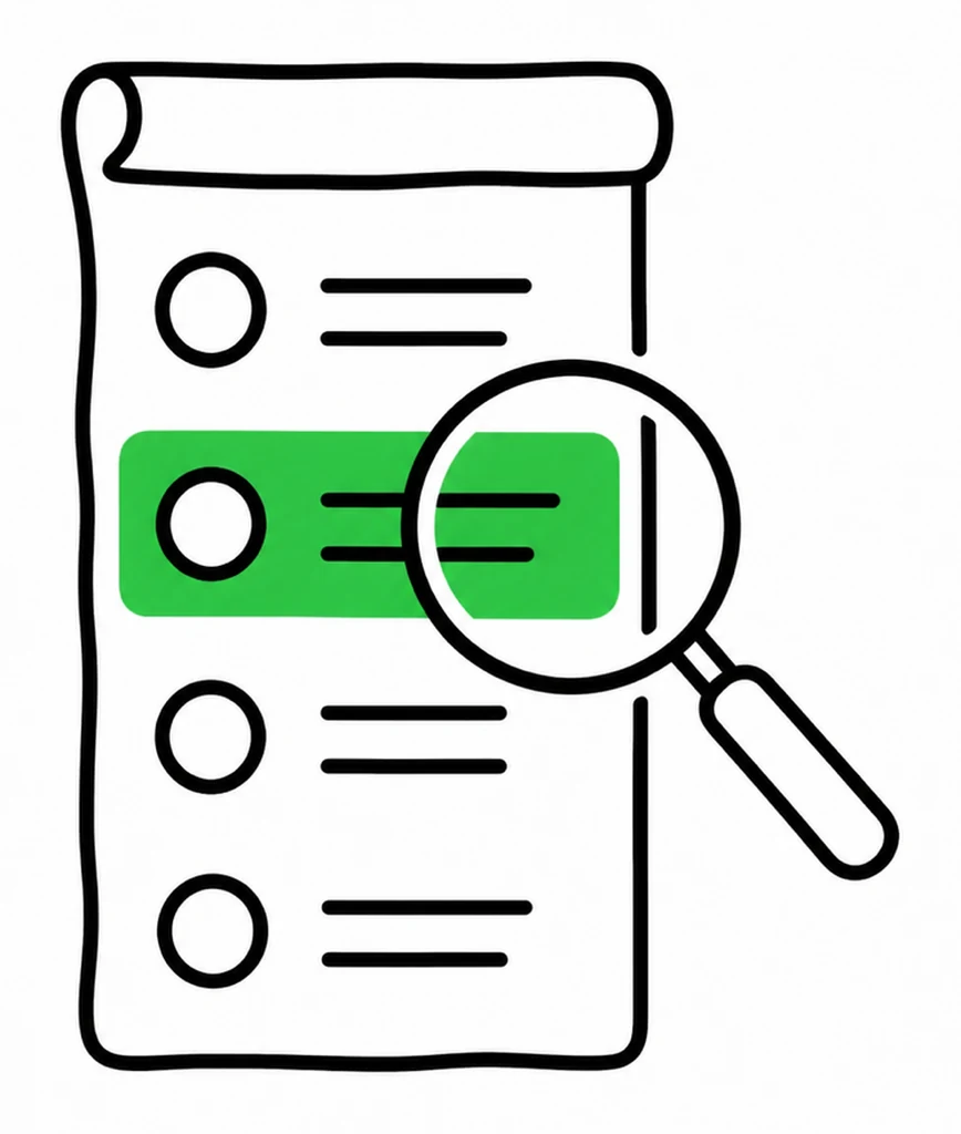 線画。縦長の記録用紙に4行が並び、1行だけが緑。その行を虫めがねが拡大している