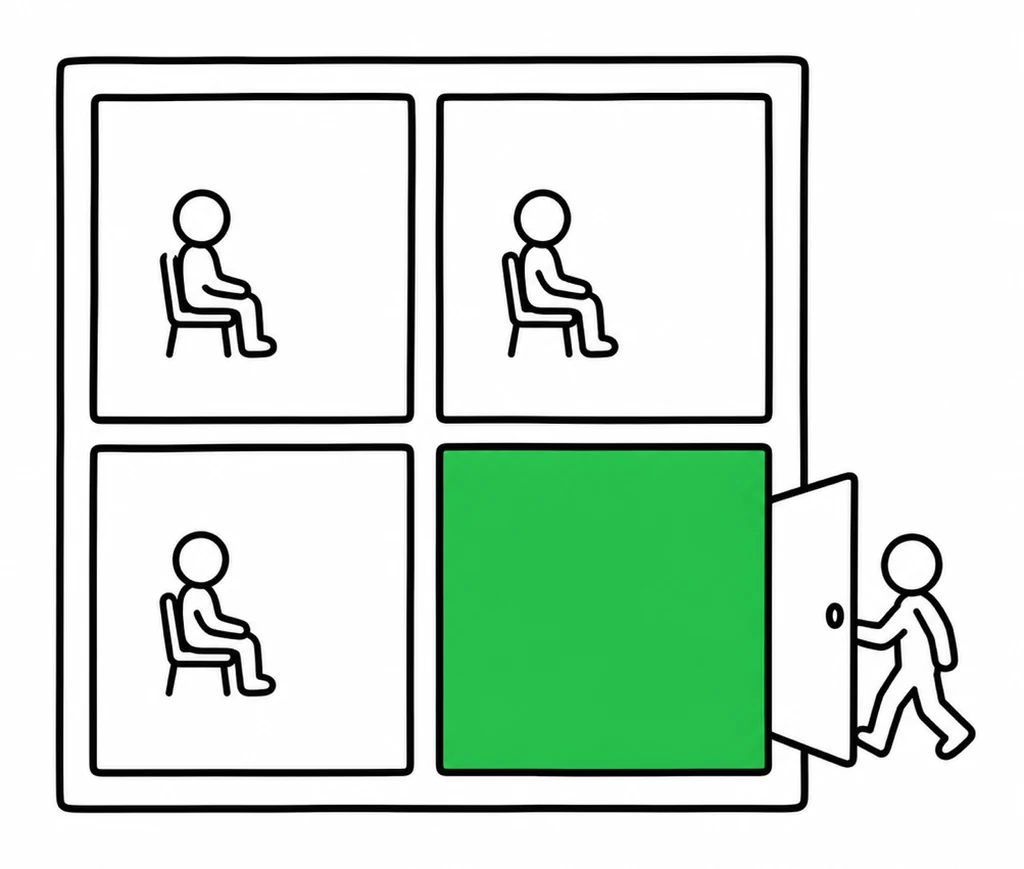 線画。4部屋に区切られた建物のうち、右下の1部屋だけが緑でドアが外へ開いている。外の人物がその部屋へ入ろうとしている。ほかの3部屋に外から入る扉は無い