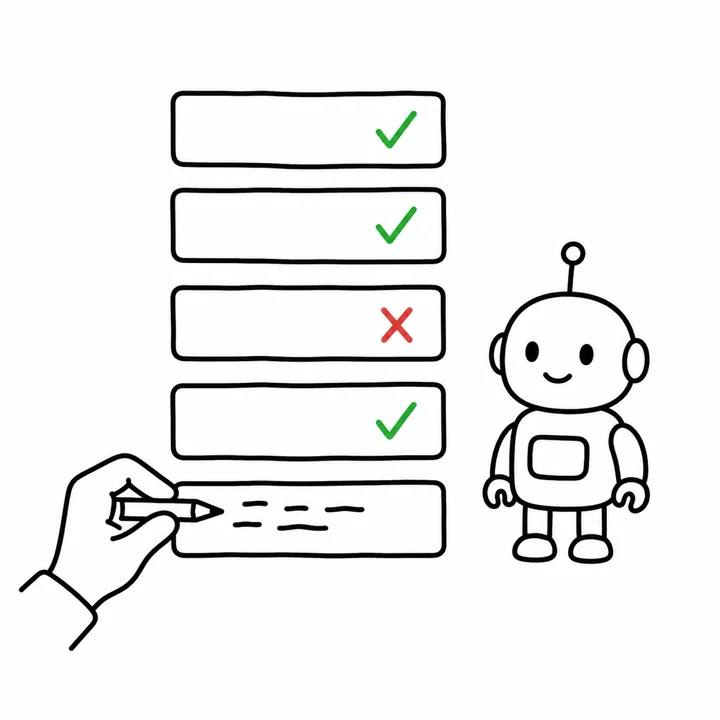 線画。縦に並んだ短冊のうち3枚に緑のチェック、1枚に赤のバツが付き、1枚は人の手が書き直している。その横でロボットが待っている