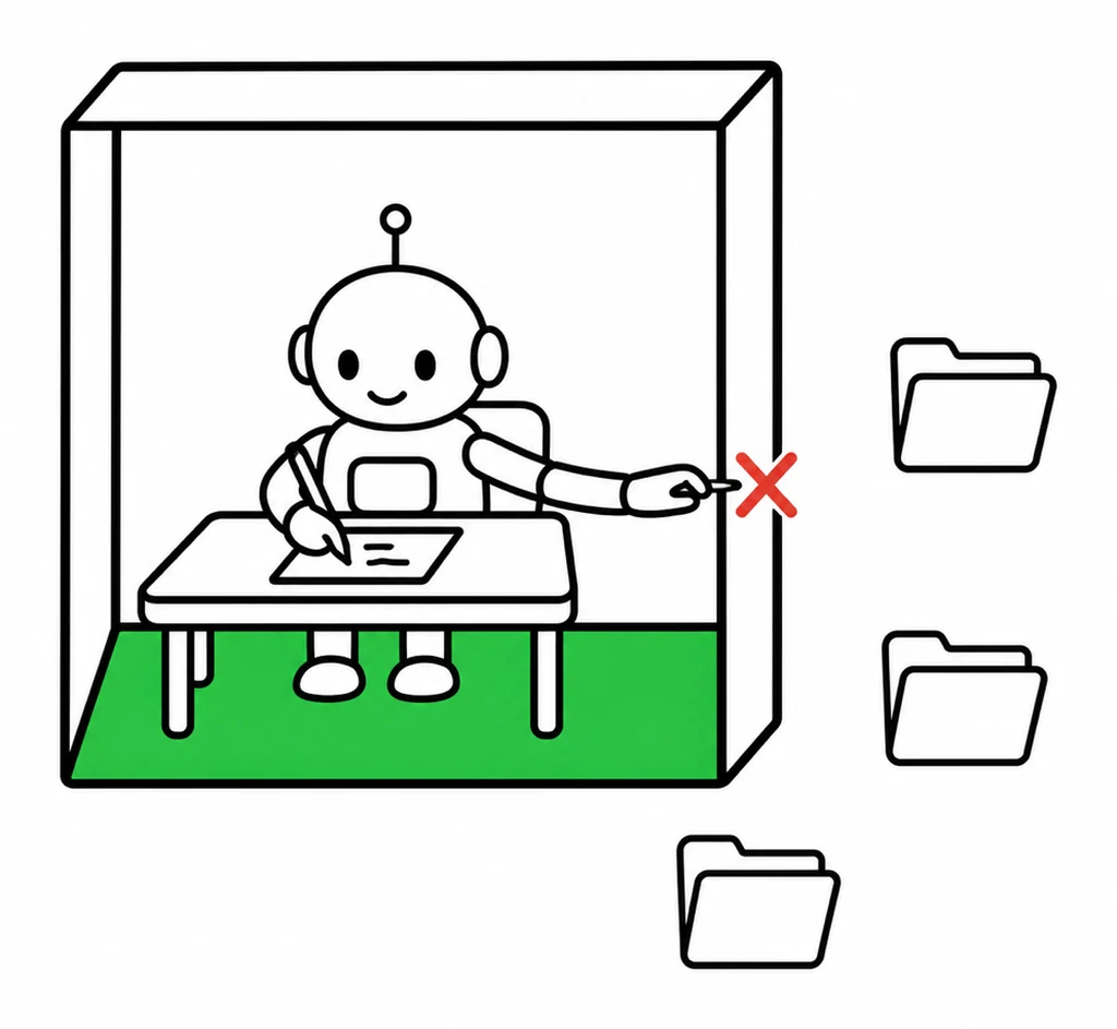 線画。透明な箱の中でロボットが書き物をしている。箱の床は緑。外へ伸ばした手は壁で止まり、接点に赤い×が付いている。箱の外にはフォルダが置かれている