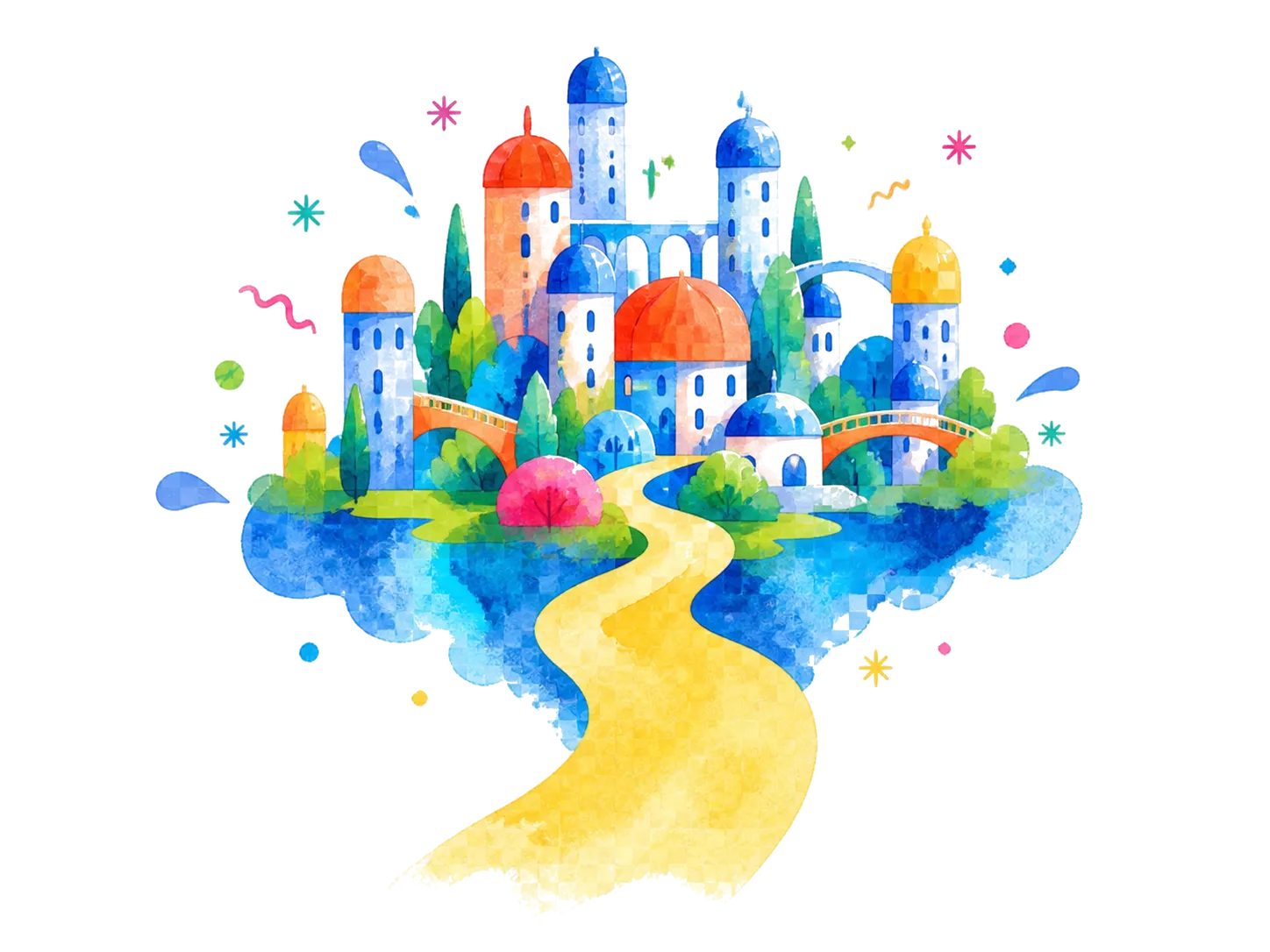 空に浮かぶ小さな街と、そこへ下からのぼっていく一本の光の道を描いた水彩のイラスト