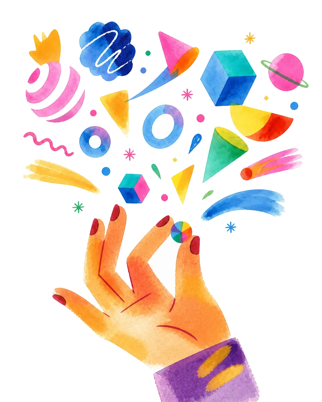 手のひらから、立方体や円や三角などの色とりどりのかたちが飛び出している水彩のイラスト
