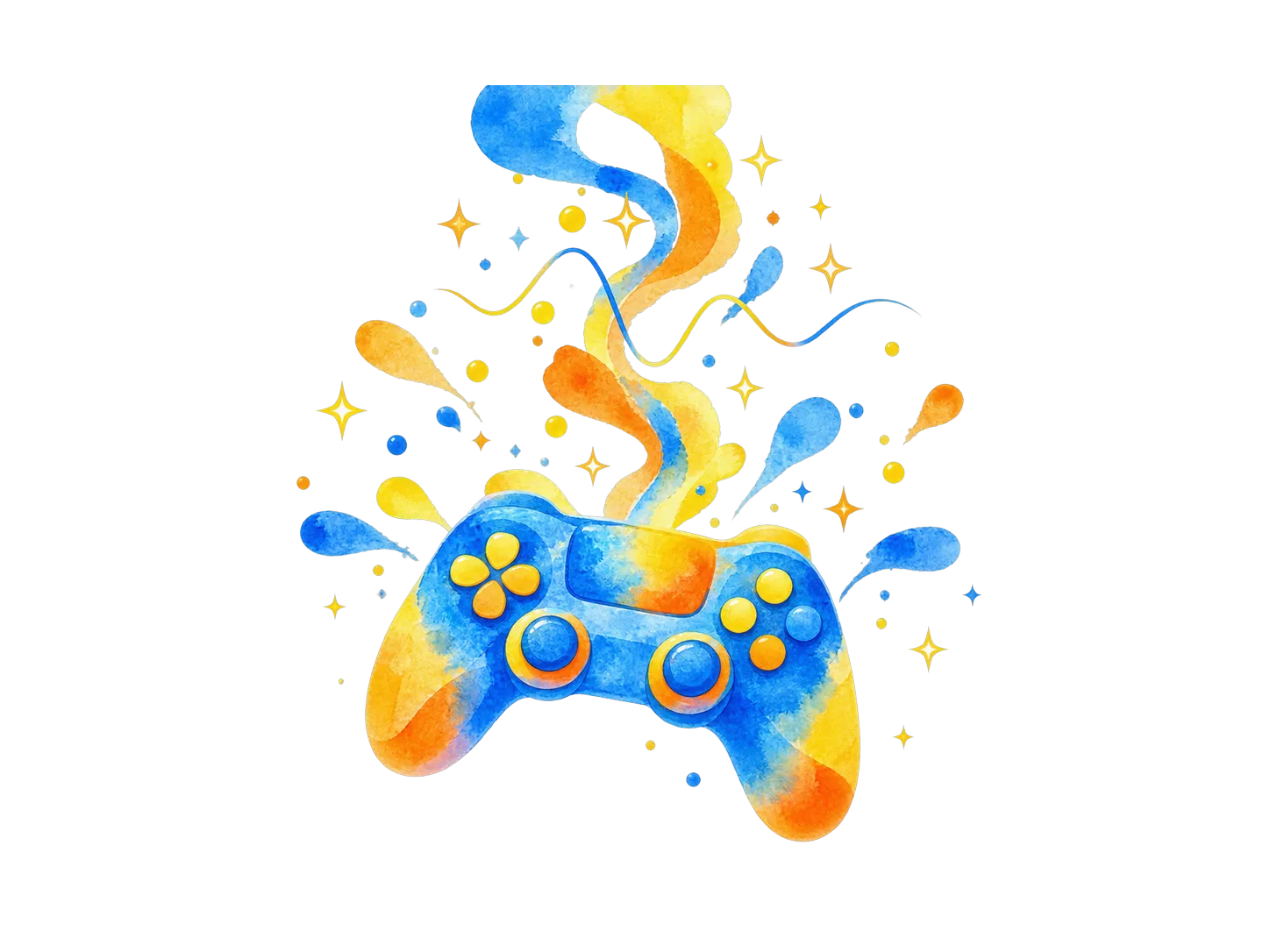 ゲームのコントローラーから青とオレンジの光の帯が立ちのぼり、まわりに星と水しぶきが散っている水彩のイラスト