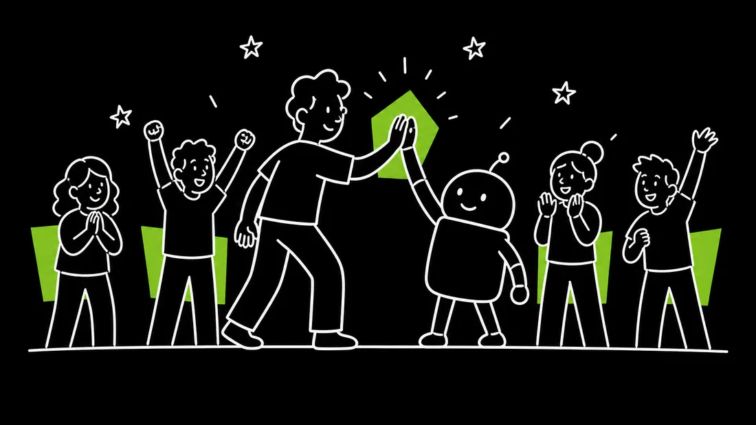 人とAIが相棒として並び、仲間が歓声を上げている