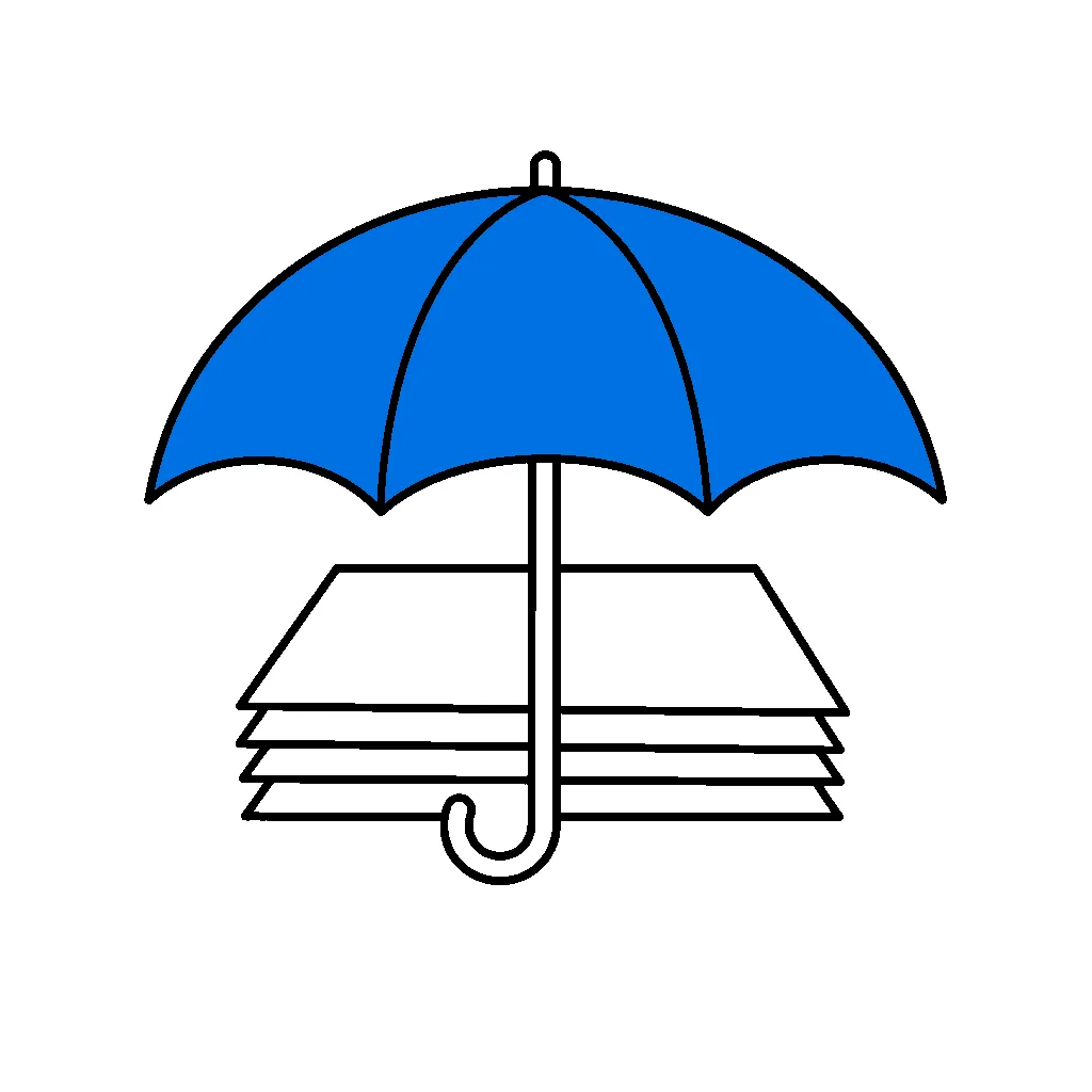 書類の束の上に青い傘が開いてかぶさっている線画