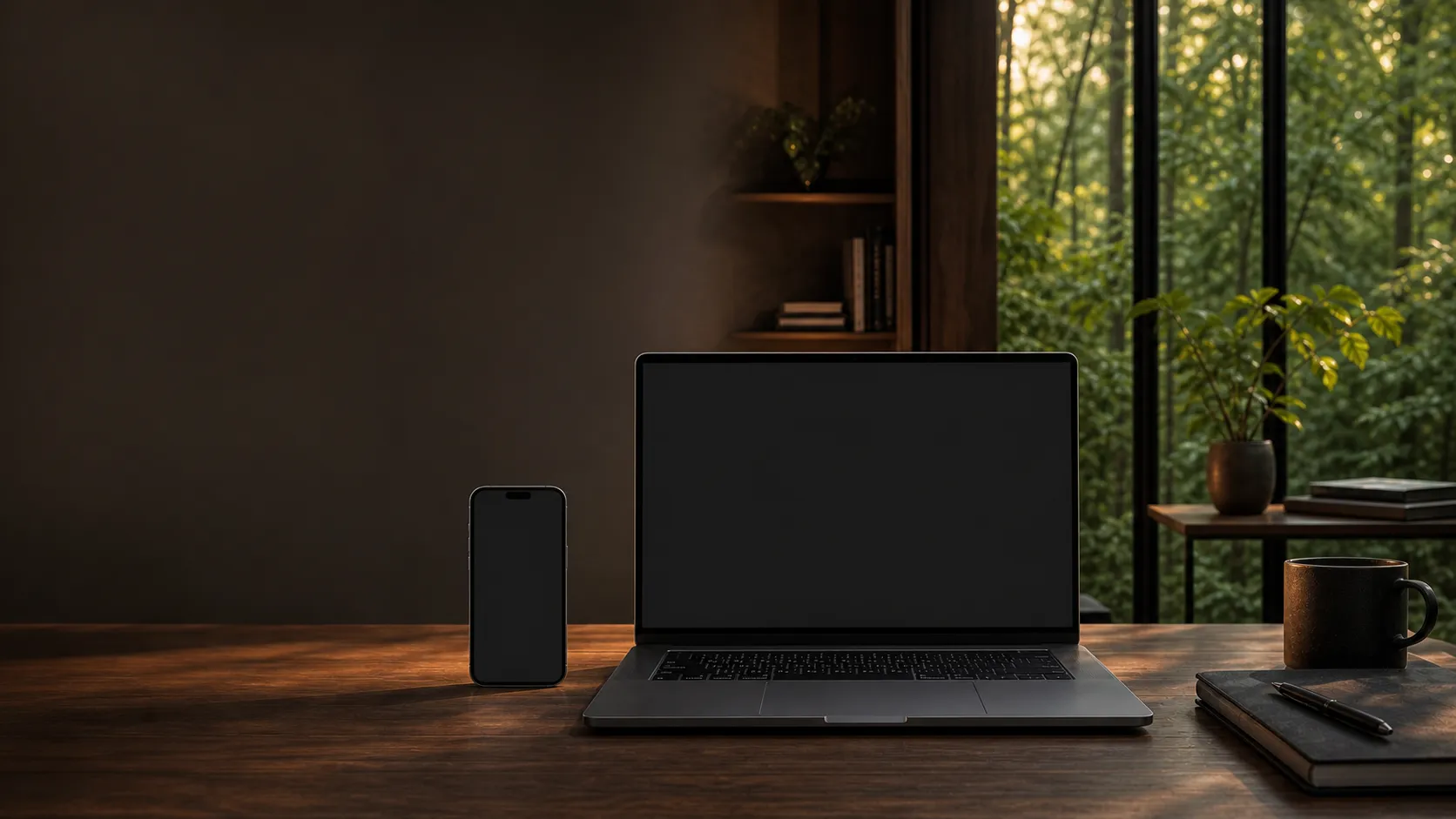 森のようなオフィスに置かれたPCとスマートフォン