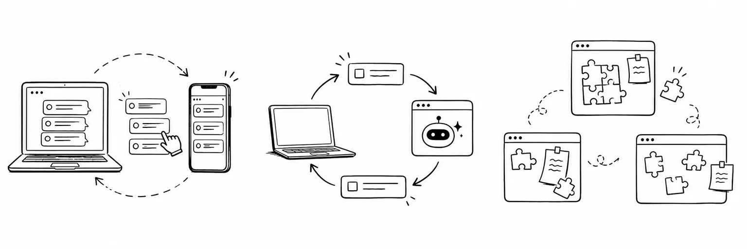パソコンとスマートフォンの間で、チャットの文章を何度もコピーしている様子