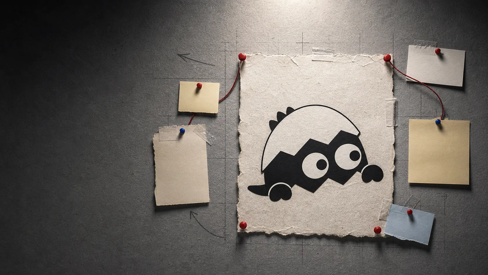 紙の切り絵で表現したpopoと、付箋や糸がつながる制作室の壁