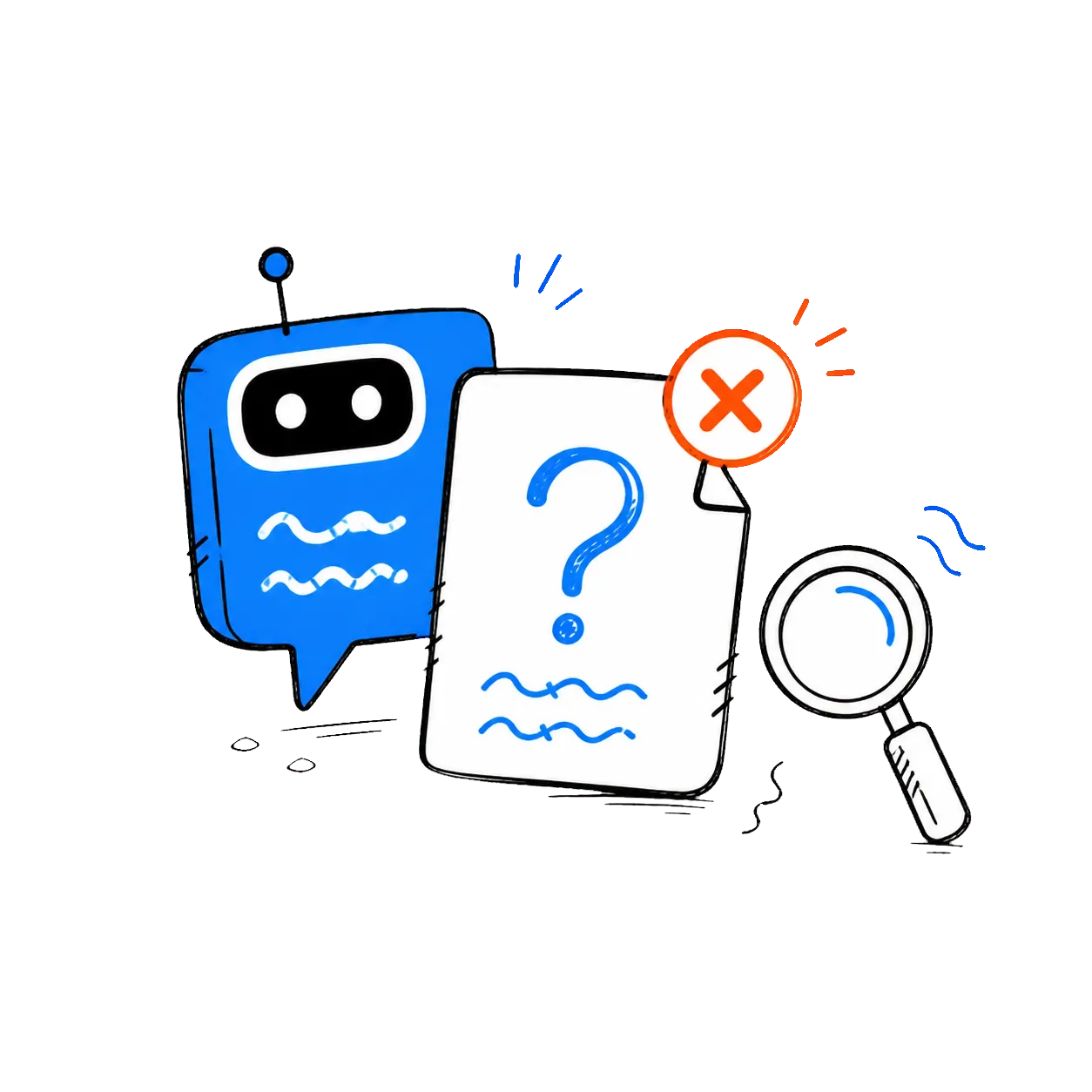 AIの回答に疑問符と誤りの印が付いたイラスト