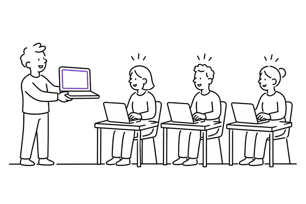 線画。1人がノートパソコンを差し出し、受け取った3人がそれぞれの机で同じものを使い始めている