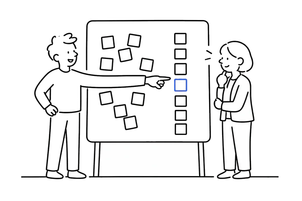 線画。ボードにばらばらに貼られた付箋が、右側では順番に並べ替えられている。1人がその1枚を指さし、もう1人が聞いている