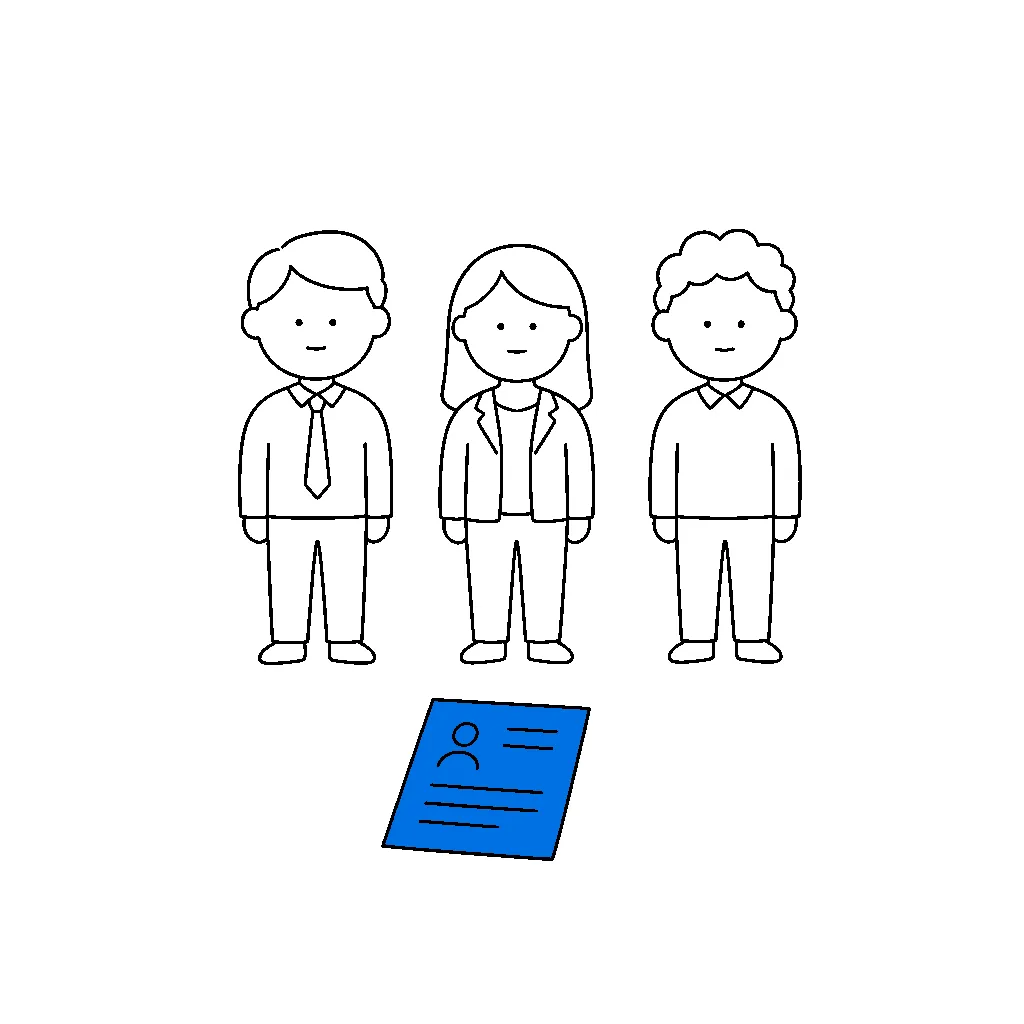 3人の人物が横に並び、手前に青い履歴書が置かれた線画