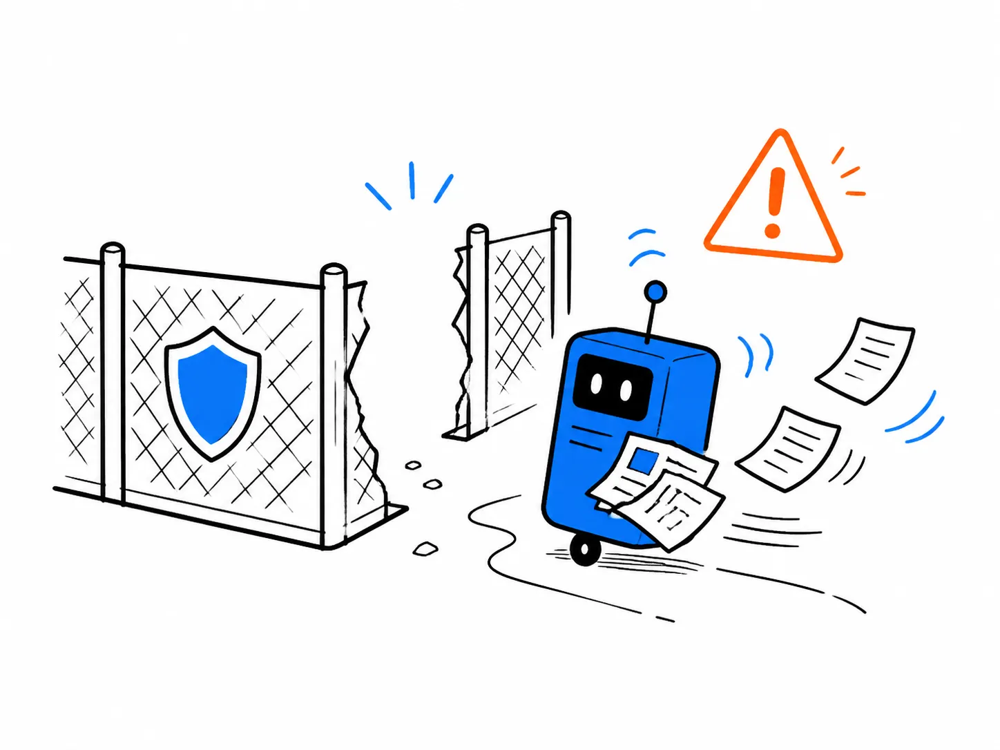 管理の柵を抜け、書類を持って動き回るAIのイラスト