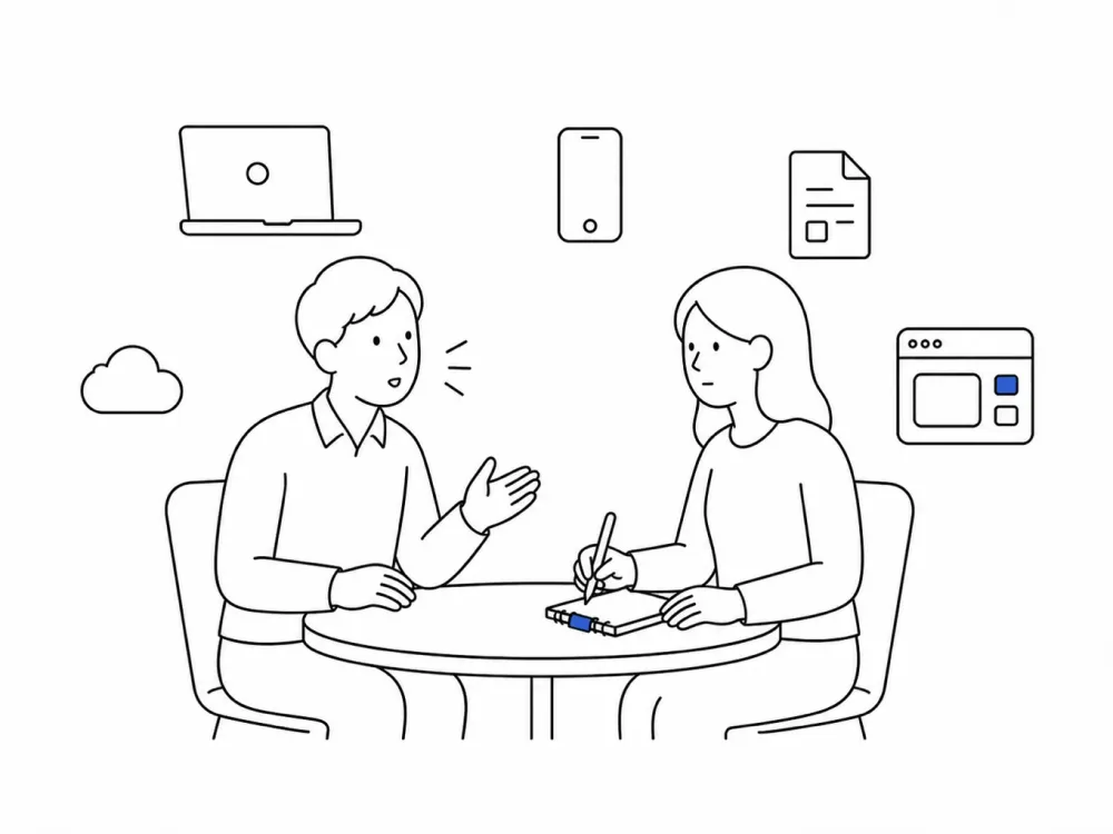 線画。2人が向かい合い、片方が話し、もう片方が書き取っている。まわりに使われている道具のアイコンが散っている