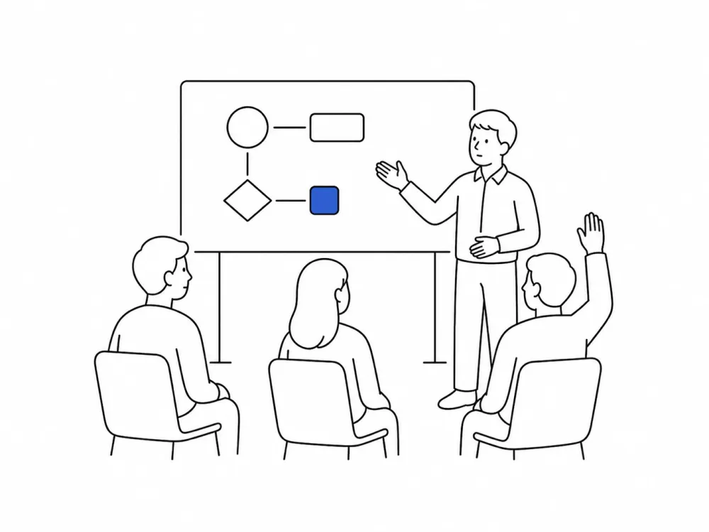 線画。ボードの前に立つ1人と、席についた数人。1人が手を挙げている