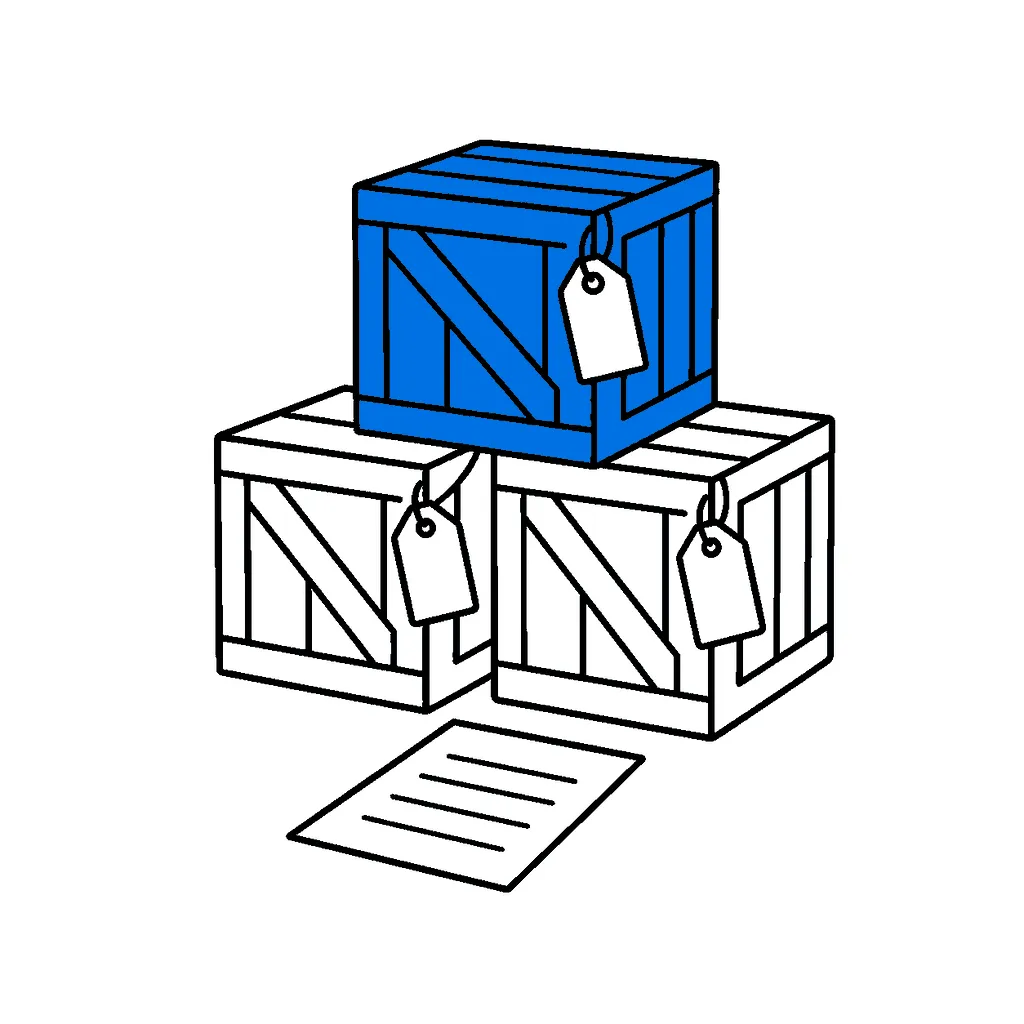 荷札の付いた木箱が3つ積まれ、いちばん上が青い線画