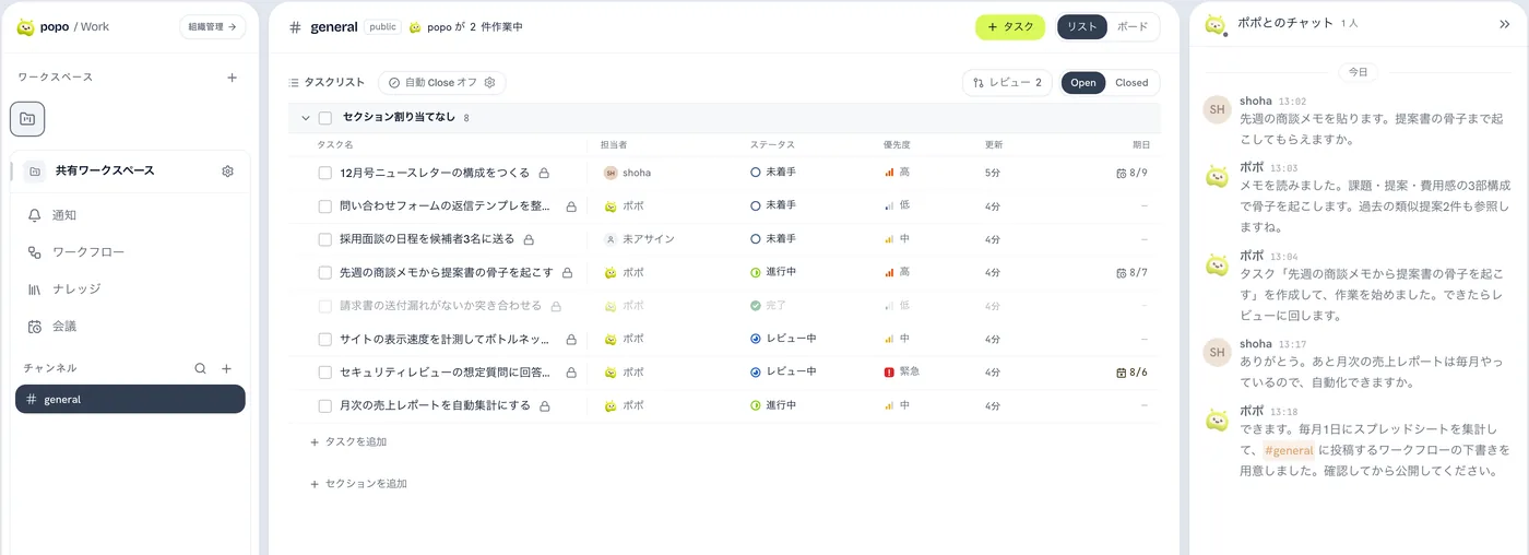 popo/Work の画面。左にワークスペースとチャンネル、中央にタスク一覧、右にポポとのチャット