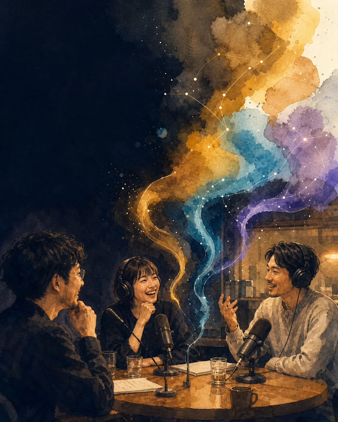 ラジオで語り合う人々を描いた水彩画